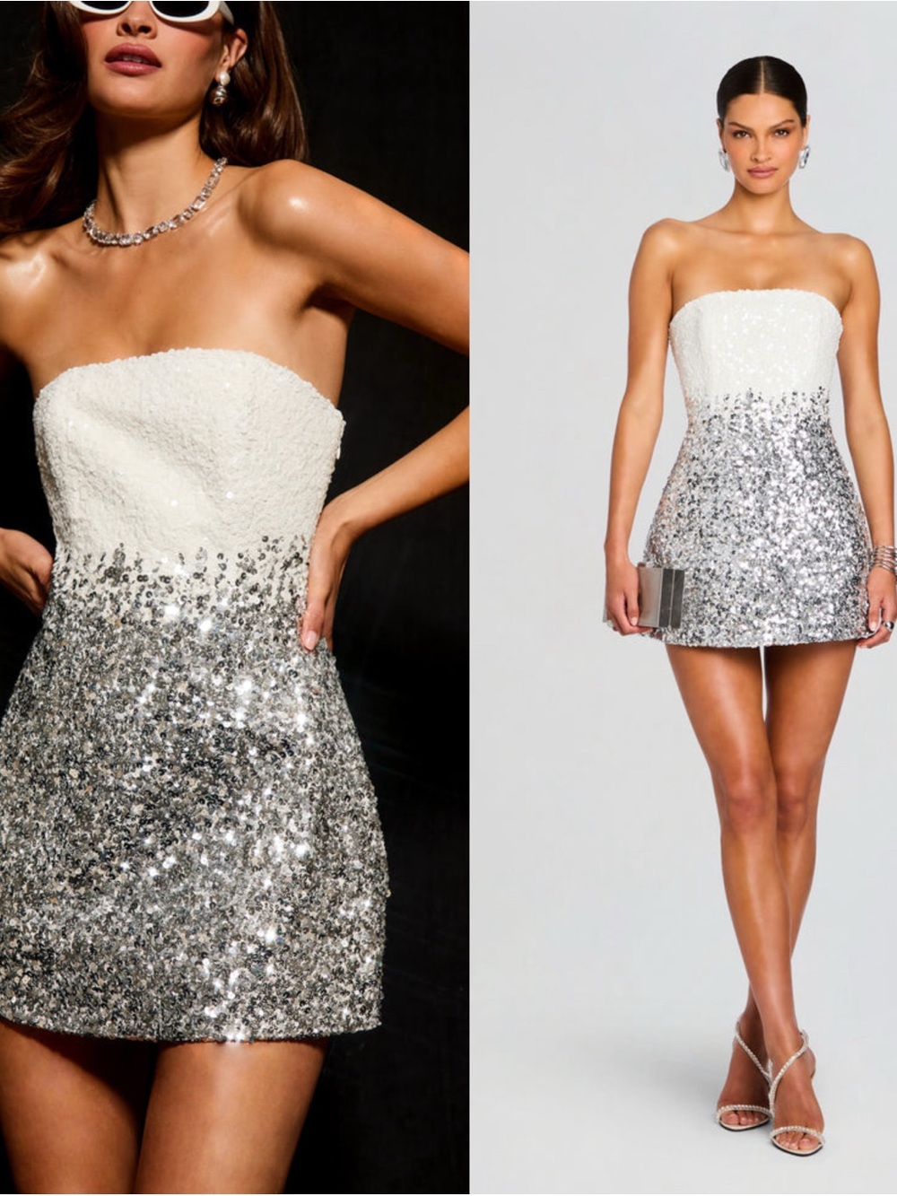 NEW Retrofête Kameron Embellished Dress S (Silver and White Strapless Dress)